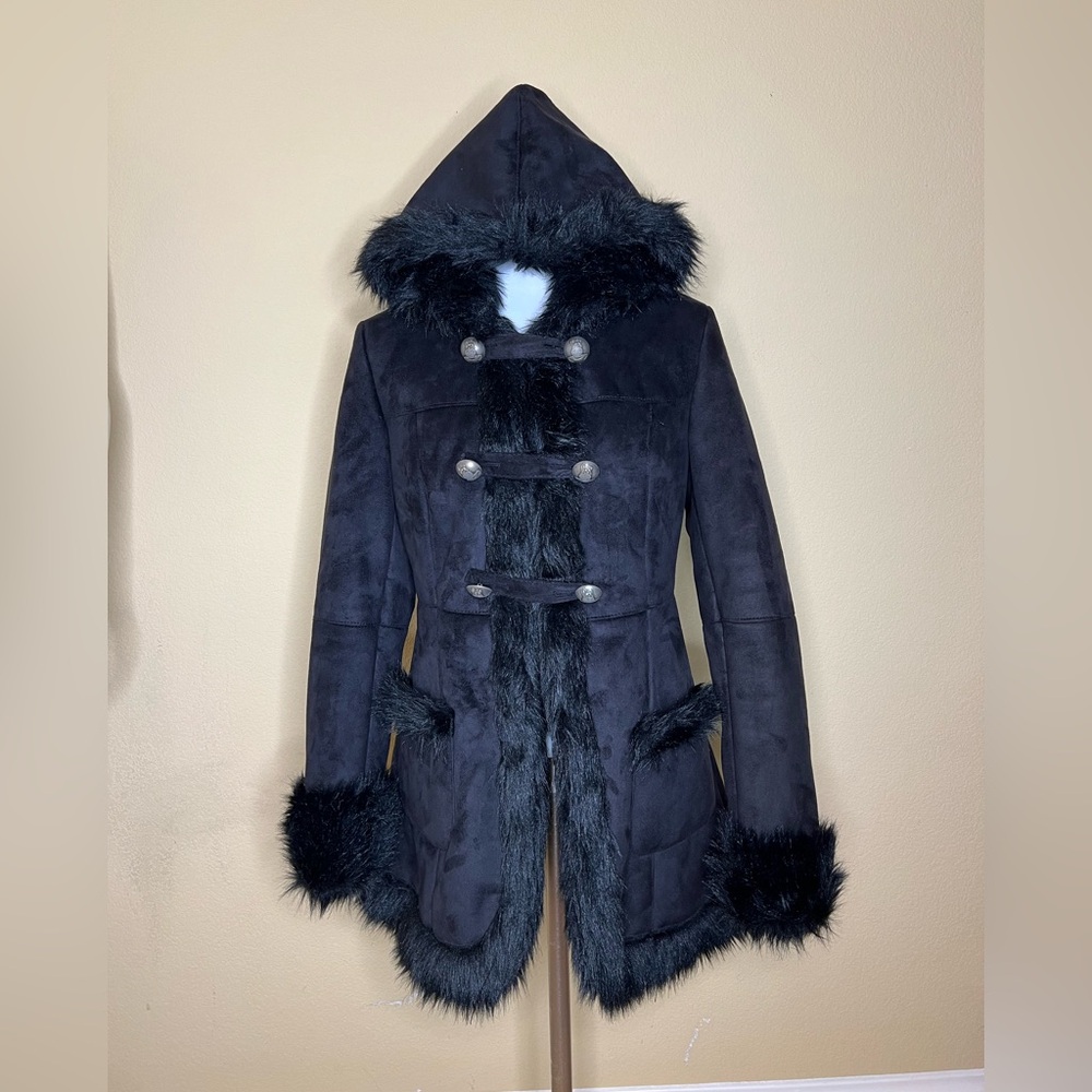 2B Bebe Black Teddy Jacket with Faux Fur Trim